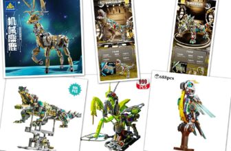 Zdjęcia złożonych modeli robotów-dinozaurów z klocków.