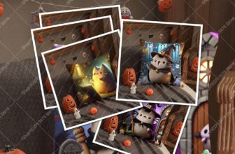 Koty w kostiumach na Halloween z dekoracjami.